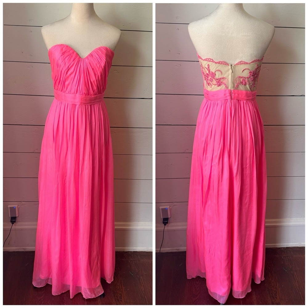 ABS M Allen Schwartz Hot Pink Chiffon Strapless‎ Gown 10 Maxi New Wedding Party